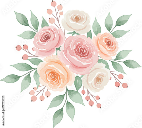 Soft pastel watercolor rose bouquet with delicate greenery and berries