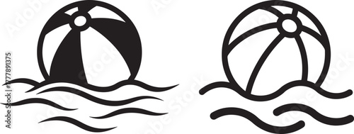 Beach balls floating on waves silhouette