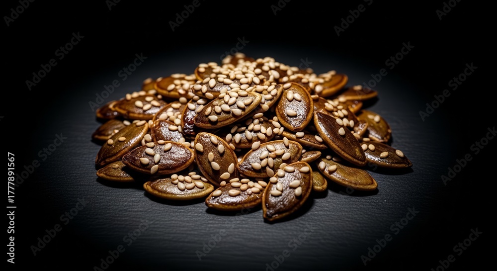 Obraz premium Roasted Seeds Arrangement: A Gourmet Culinary Photography Concept With Striking Illumination