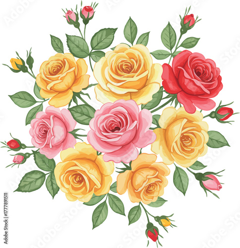 Vibrant watercolor bouquet of red yellow and pink roses with green leaves