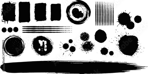 Black Grunge Ink Brush Strokes and Splatter Collection - Artistic Design Elements