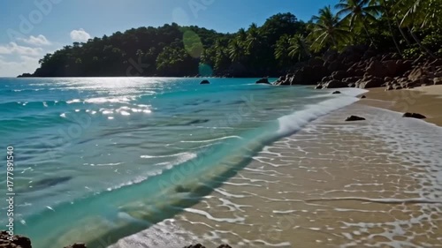 Tropical island paradise beach with crystal clear turquoise ocean waves gently rolling onto golden sand shore lush green palm trees