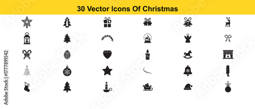 Collection of thirty black christmas vector icons on a yellow background