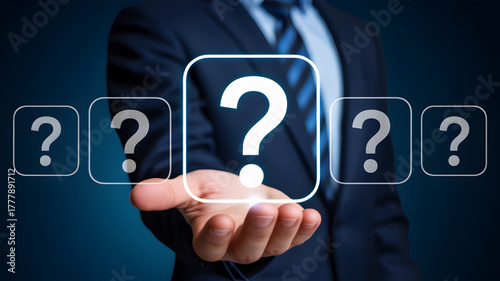 Businessman Hand Holding Glowing Question Mark Icon Problem Solving Support and Answers Concept