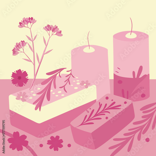 Natural soap bars with herbs and candles in pastel colors  
