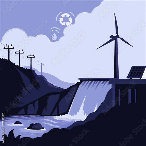 Renewable energy landscape with wind turbine and hydroelectric dam  