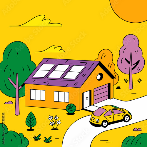 Modern house with solar panels and car on yellow background  