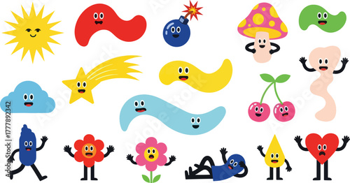 Cute Kawaii Characters Shapes, Sun, Mushroom, Cloud, Star, Bomb with Faces