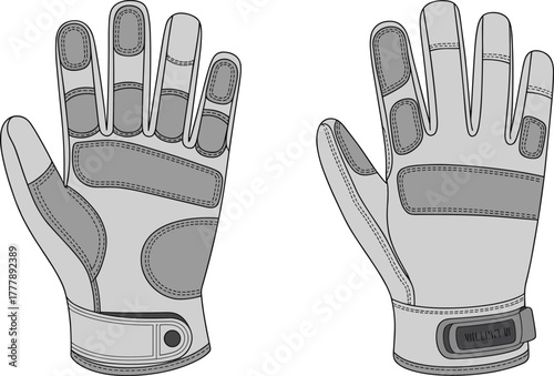 Utility gloves technical sketch, palm and back view, vector illustration, reinforced padding, ergonomic design, adjustable strap, stitching detail