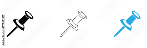 Captivating collection of three thumbtack icons in black, outline, and vibrant blue for essential office supplies and design projects