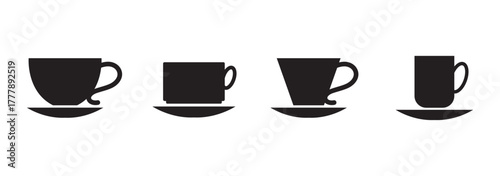 Coffee mug and tea cup vector icon set. Black silhouette collection with steam and heart symbols for cafe logo, coffee shop branding, menu design or hot drink element.