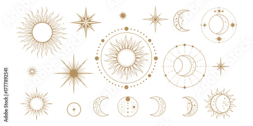 Celestial Elements Sun, Moon, and Stars Constellation Icons - Esoteric and Mystical Motifs