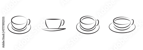 Set of simple line art icons featuring a steaming hot coffee cup on a saucer and a mug. Minimalist vector outline illustration for cafe menus.
