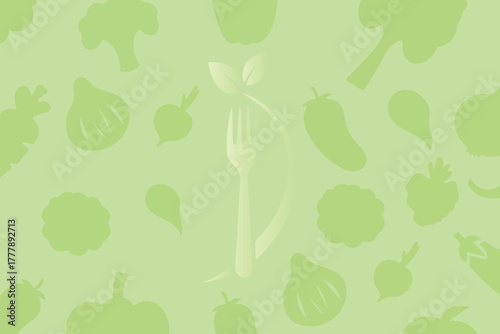 Healthy eating concept with fork and leaves on a vegetable pattern background