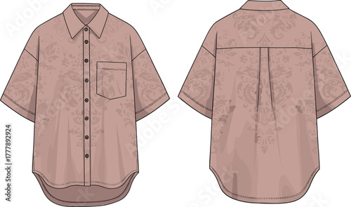 Short sleeve button-up shirt, fashion flat sketch, front and back view, damask pattern, relaxed fit, technical drawing, apparel design