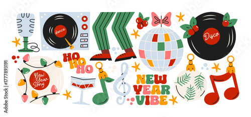 New Year disco party stickers in retro cartoon. Collection with disco ball, vinyl records and music notes. Festive nostalgic illustration set about celebration, dance and holiday vibes.