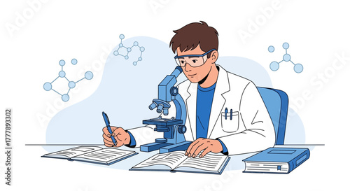 Scientist Studying Sample With Microscope and Writing Notes In Laboratory