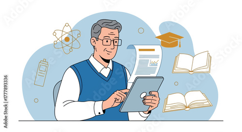 Senior Educator Reviewing Digital Documents And Considering Educational Resources