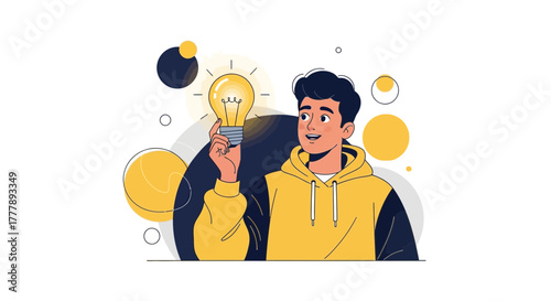 Inspiring Illustration Of A Young Man Holding A Bright Light Bulb Representing A New Idea