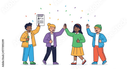 Joyful Group Celebrating Academic Success with High Fives and Excellent Report Card