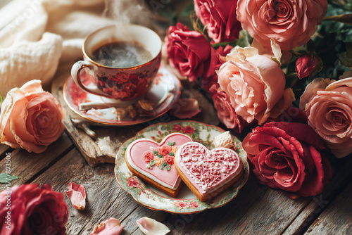 Cup of steaming coffee with heart cookies and roses