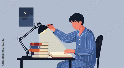 Late Night Endeavors: A Student's Dedicated Study Session Under The Soft Lamp Light