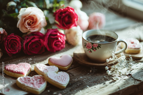 Steaming coffee cup with heart shaped cookies and pink roses