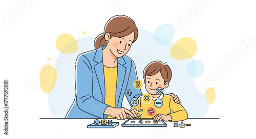 Learning math is fun, teacher and young student solving mathematical problem