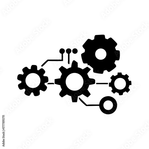 Illustration of connected gears and nodes representing a mechanical or technological system process