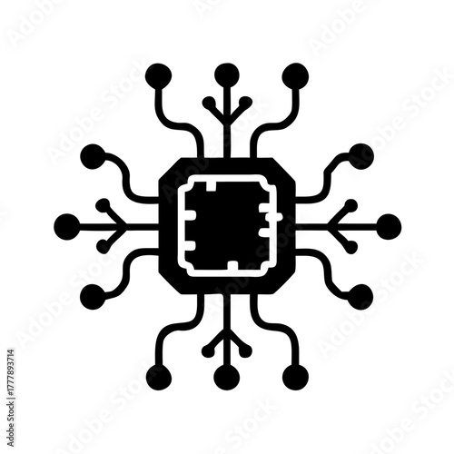 Illustration of a black computer chip with multiple connections on a white background in square format
