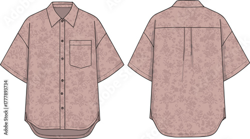 Short sleeve button-up shirt, fashion flat sketch, technical drawing, floral pattern, curved hem, chest pocket, yoke pleat, apparel design
