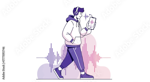 Modern Illustration of a Person Listening to Music On Their Phone during a Walk