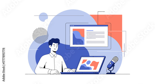 Online Content Creation: Modern Man Working On Laptop With Microphone Setup For Podcast