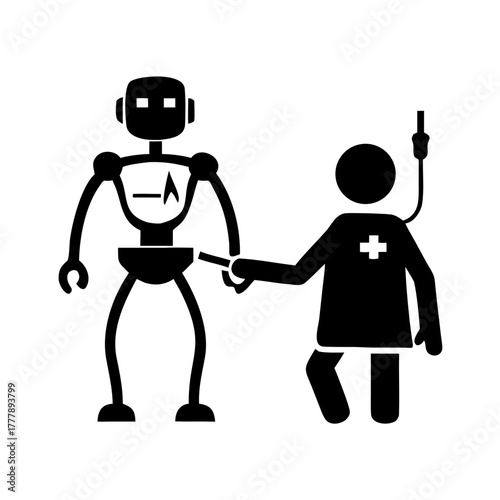 Illustration of a doctor tending to a robot with a medical device in a healthcare setting depicted in black