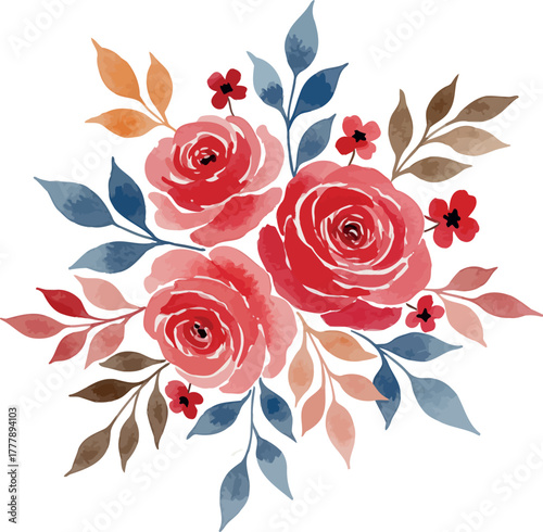 Delicate watercolor rose bouquet with autumnal leaves and berries