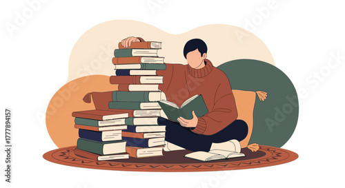 Person Immersed In Reading Literature Surrounded By Piles Of Books And Cozy Ambience