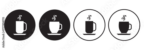 Coffee cup and mug silhouette icon set. Vector collection of hot drink symbols with steam. Minimalist flat graphic design elements for cafe, beverage, tea, or espresso logo.