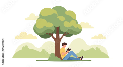 Person Reading Under Tree During Sunny Day Illustrated Nature Relaxation Concept
