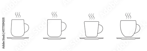 Coffee cup outline icons on beige, A set of coffee cup outline icons with steam in various styles, displayed on a beige background, perfect for cafe themes.