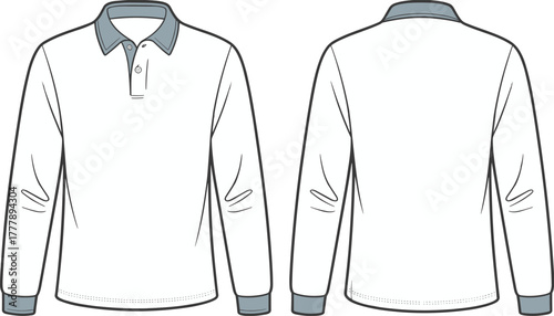 White long sleeve polo shirt, stylish casual wear, modern fashion apparel, men’s clothing design, gray blue collar, retail product photography