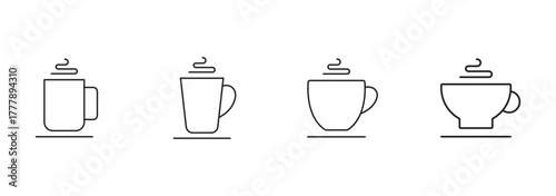 Coffee cup outline icons on beige, A set of coffee cup outline icons with steam in various styles, displayed on a beige background, perfect for cafe themes.