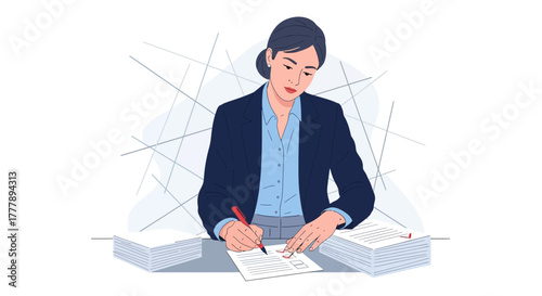 Professional Woman Engrossed In Work Checking Documents At Her Desk For Review And Analysis