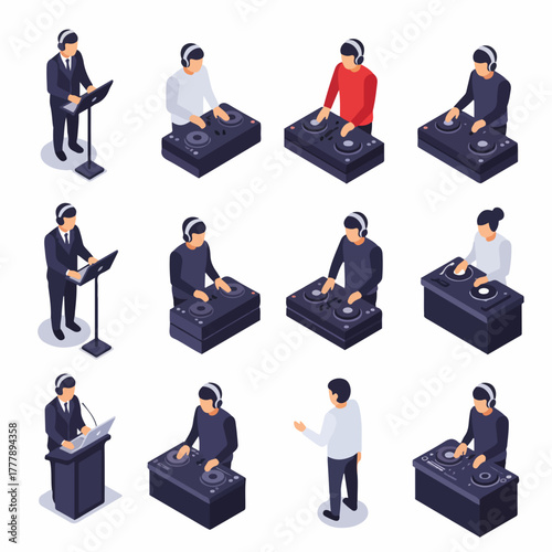 Isometric Diverse People Group DJ and Public Speaker Profession Illustration