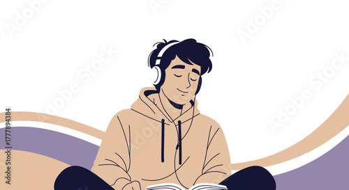 Relaxed Young Person Enjoying Music While Reading a Book on a Peaceful Day