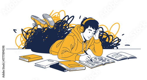 Student Immersed In Studies While Listening To Music And Taking Notes With Books