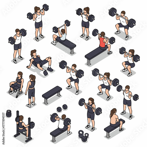 Isometric Detailed Barbell Training Exercise Man Woman Set Illustration