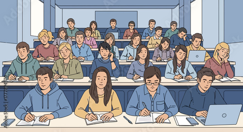 Students Attending Lectures And Taking Notes In Modern University Classroom Scene