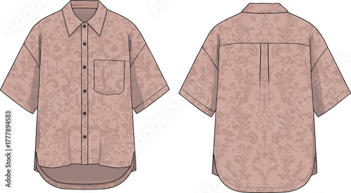 Short sleeve shirt sketch, technical fashion drawing, flat garment illustration, button-up shirt design, floral pattern, apparel template, clothing vector