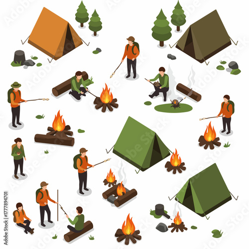 Isometric Detailed Camping People with Tent and Bonfire Lifestyle Illustration
