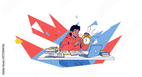 Student's Urgent Struggle: Time Pressure and Overwhelming Study With Books and Laptop